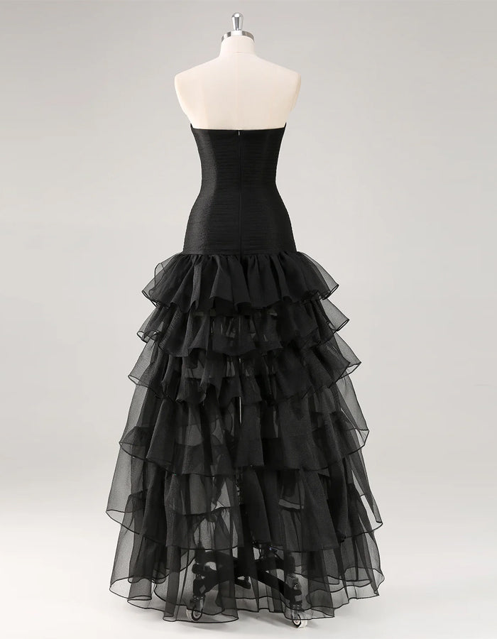 Rochie maxi mărime mare, neagră, fără bretele, stratificată cu organza  