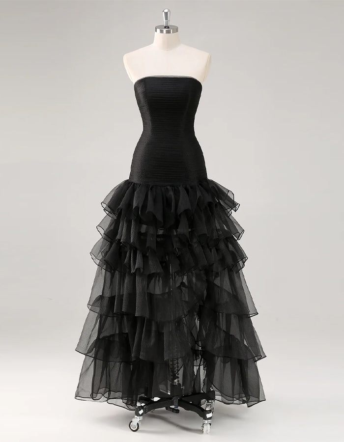 Rochie maxi mărime mare, neagră, fără bretele, stratificată cu organza  