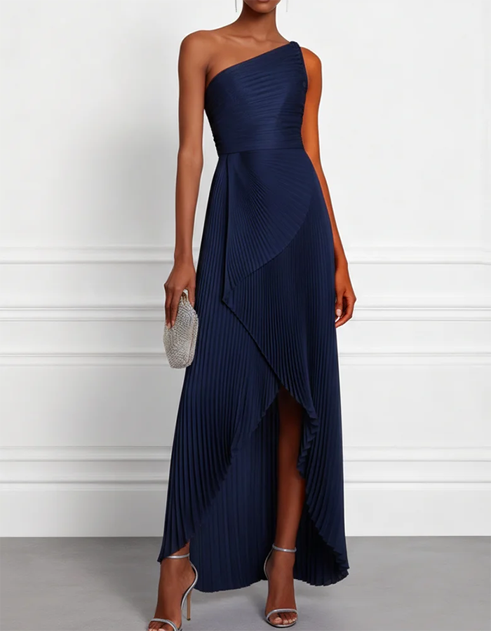 Vestido maxi asimétrico plisado con un solo hombro  