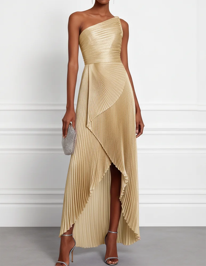 Vestido maxi asimétrico plisado con un solo hombro  