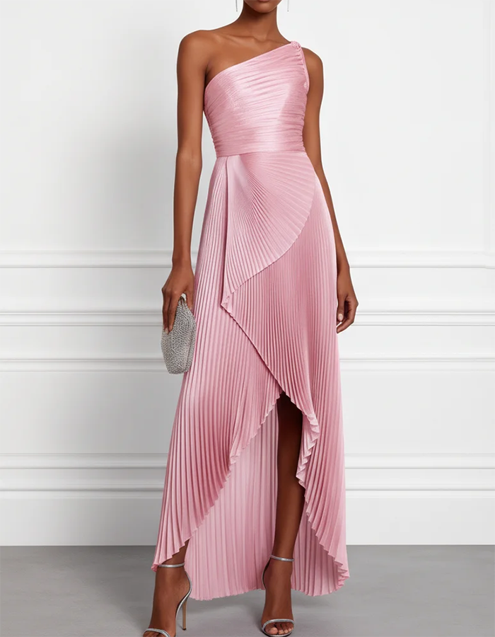 Vestido maxi asimétrico plisado con un solo hombro  