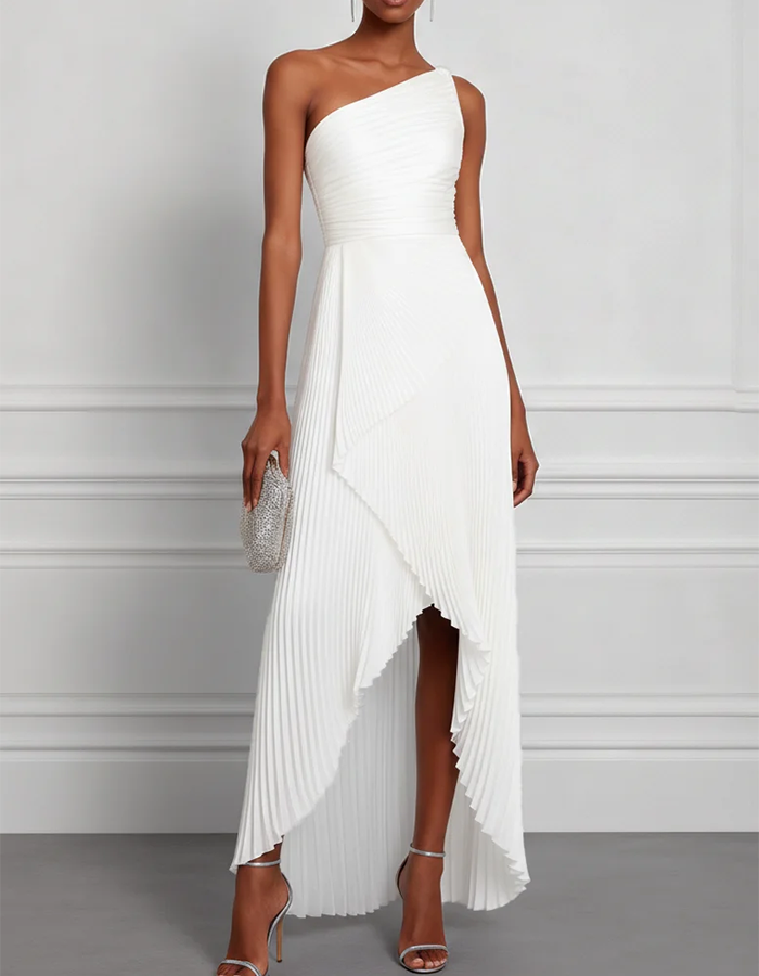 Vestido maxi asimétrico plisado con un solo hombro  