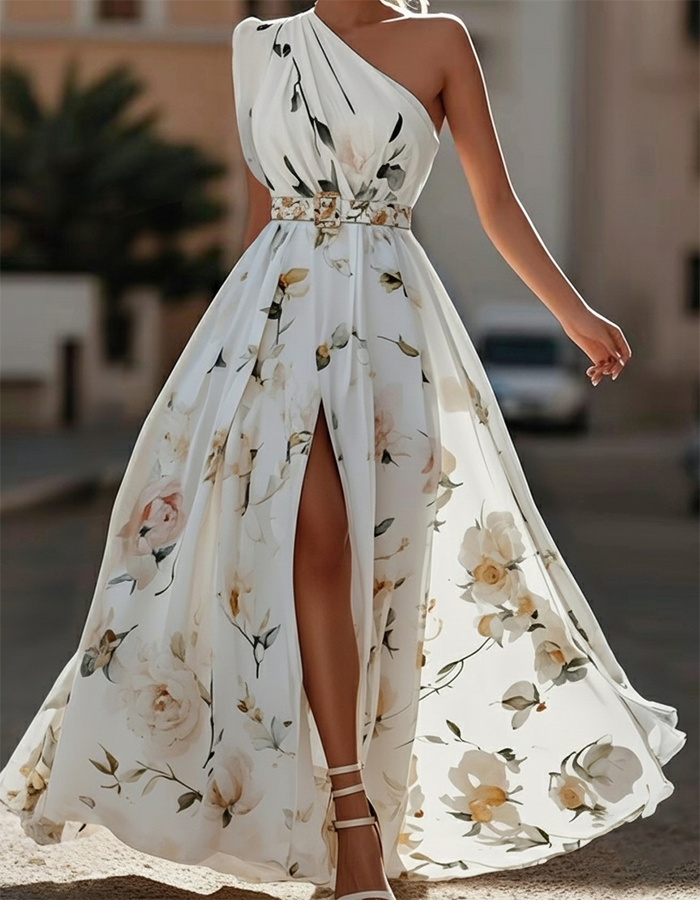 Abito lungo monospalla in chiffon