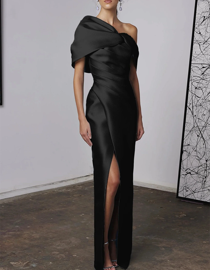 Rochie maxi coloană din satin, cu un umăr drapat