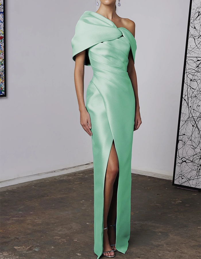 One-Shoulder Draped Satin Column Maxi Dress