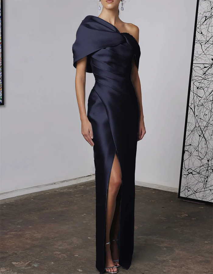 One-Shoulder Draped Satin Column Maxi Dress