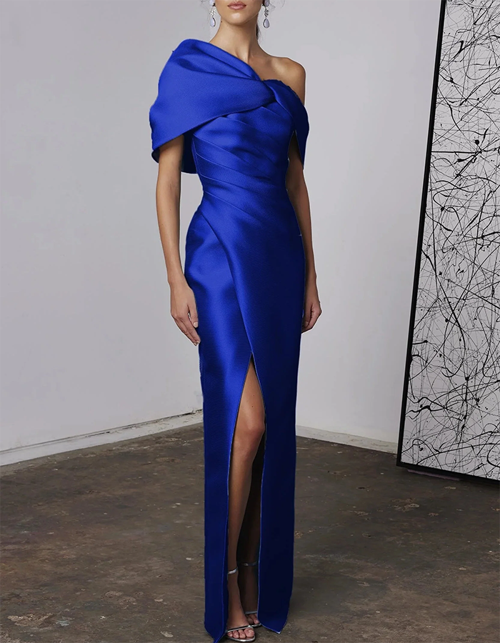 One-Shoulder Draped Satin Column Maxi Dress