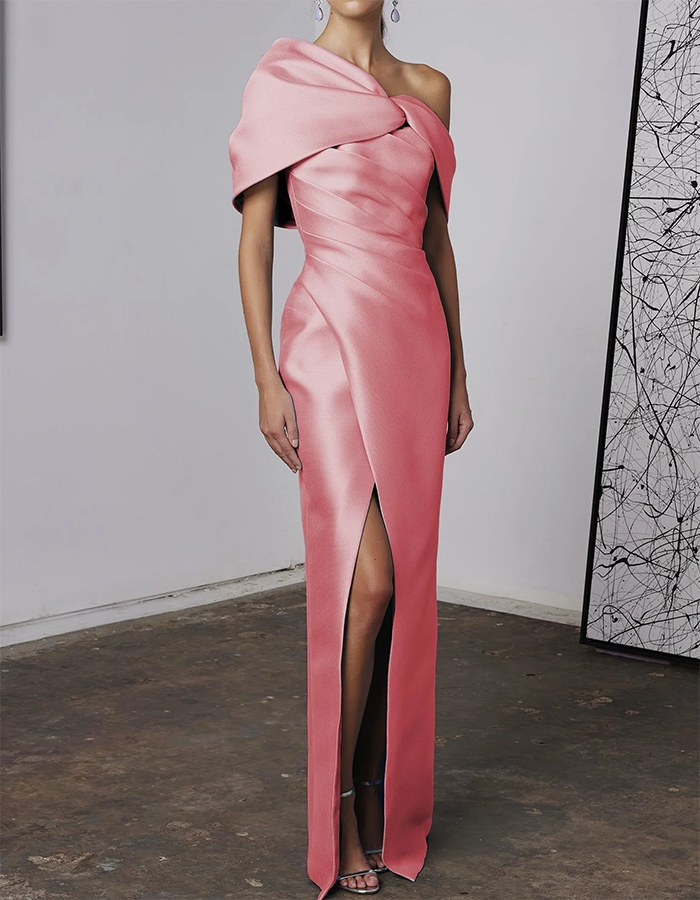 One-Shoulder Draped Satin Column Maxi Dress