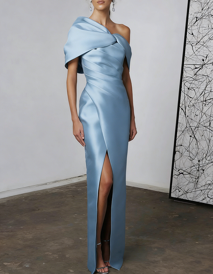 One-Shoulder Draped Satin Column Maxi Dress