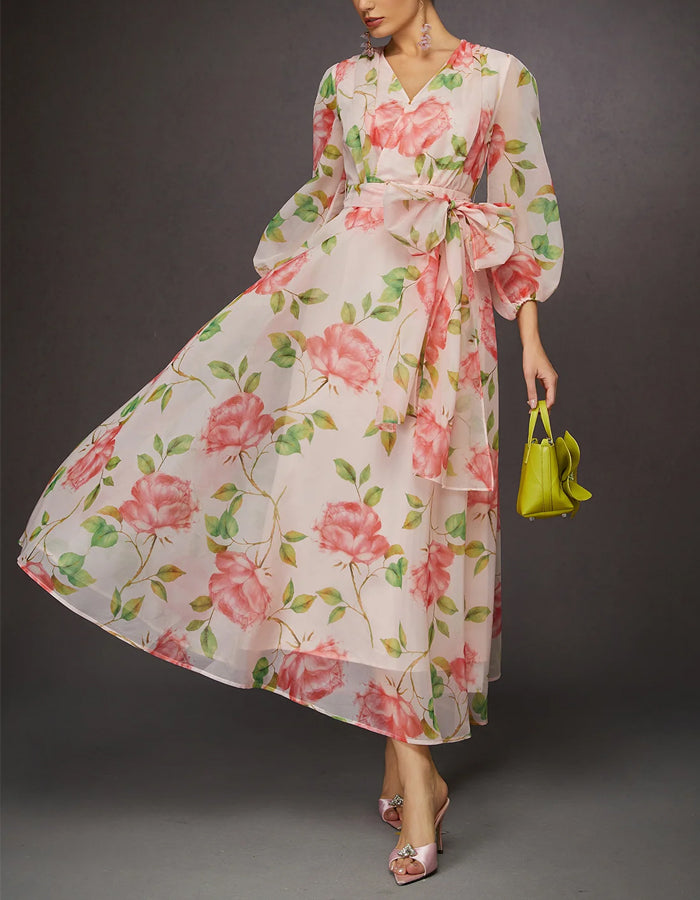 Light Pink Rose Print Chiffon Long Sleeves Maxi Dress