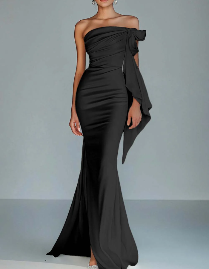 Robe longue sirène en satin avec nœud et une épaule nue