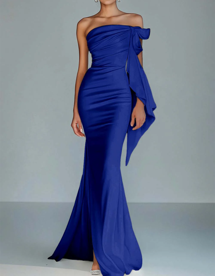 Vestido largo sirena de satén con lazo y un solo hombro