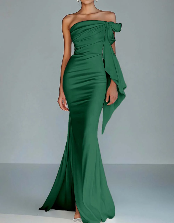 Vestido largo sirena de satén con lazo y un solo hombro