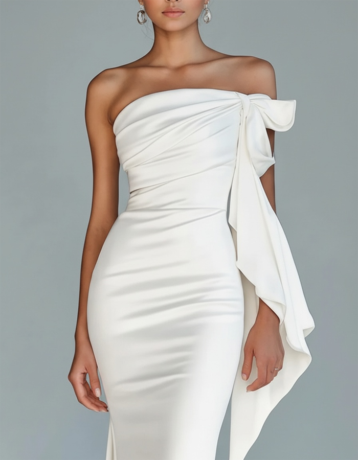 Robe longue sirène en satin avec nœud et une épaule nue