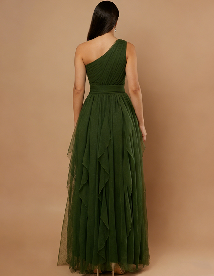 One-shoulder Fitted-waist Chiffon Maxi Dress