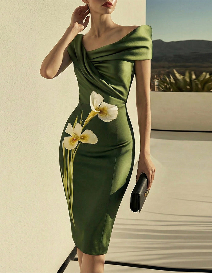 Robe midi en satin à imprimé iris vert avec jupe crayon et taille cintrée