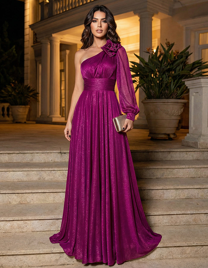 Robe longue rose poudré scintillante à une épaule avec fleur