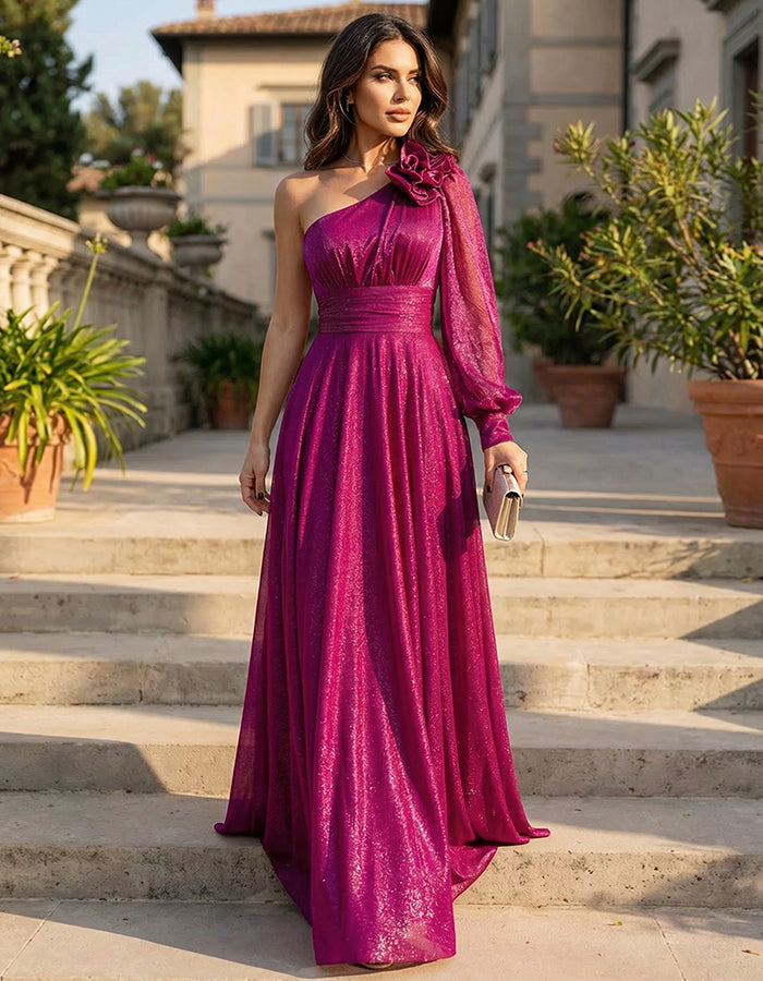 Robe longue rose poudré scintillante à une épaule avec fleur
