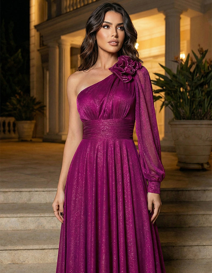 Robe longue rose poudré scintillante à une épaule avec fleur