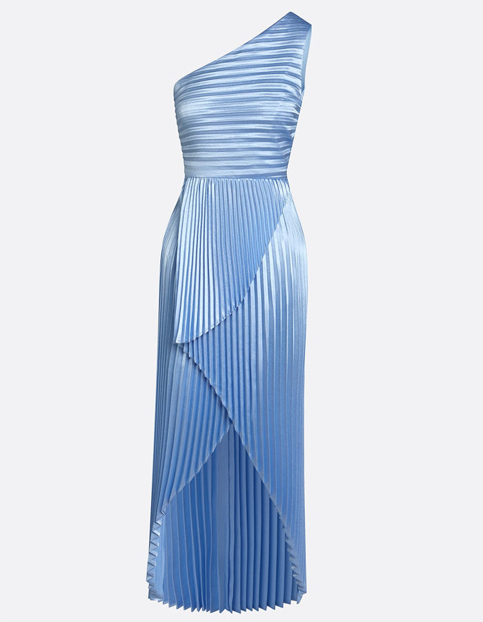 Robe longue unie plissée à une épaule avec design asymétrique