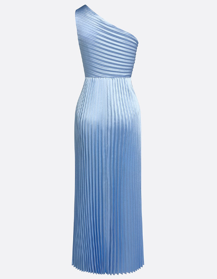 Robe longue unie plissée à une épaule avec design asymétrique