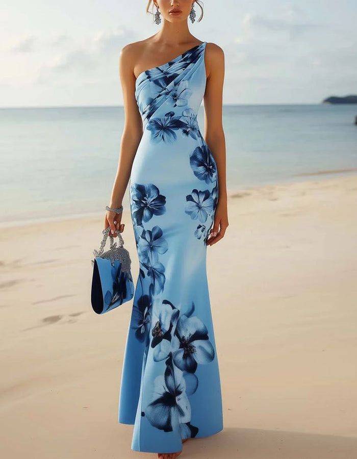 Abito lungo blu con stampa floreale, una spalla e stile coda di sirena