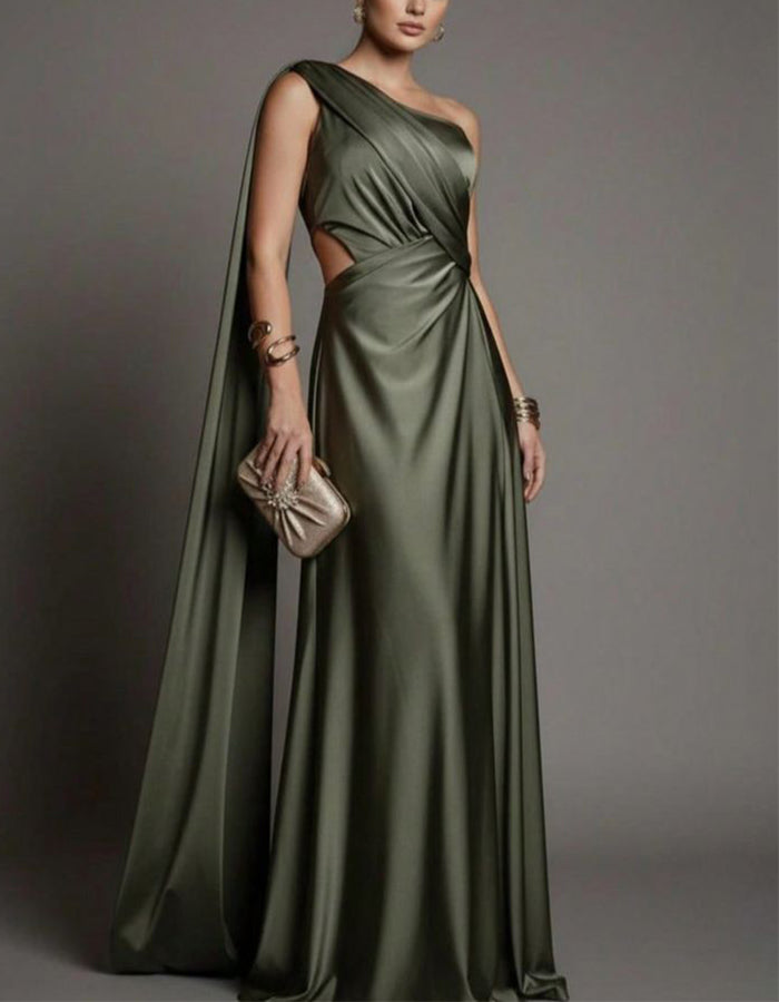Olivgrünes Satin-Maxikleid mit einer Schulter, Schleifen- und Cutout-Details
