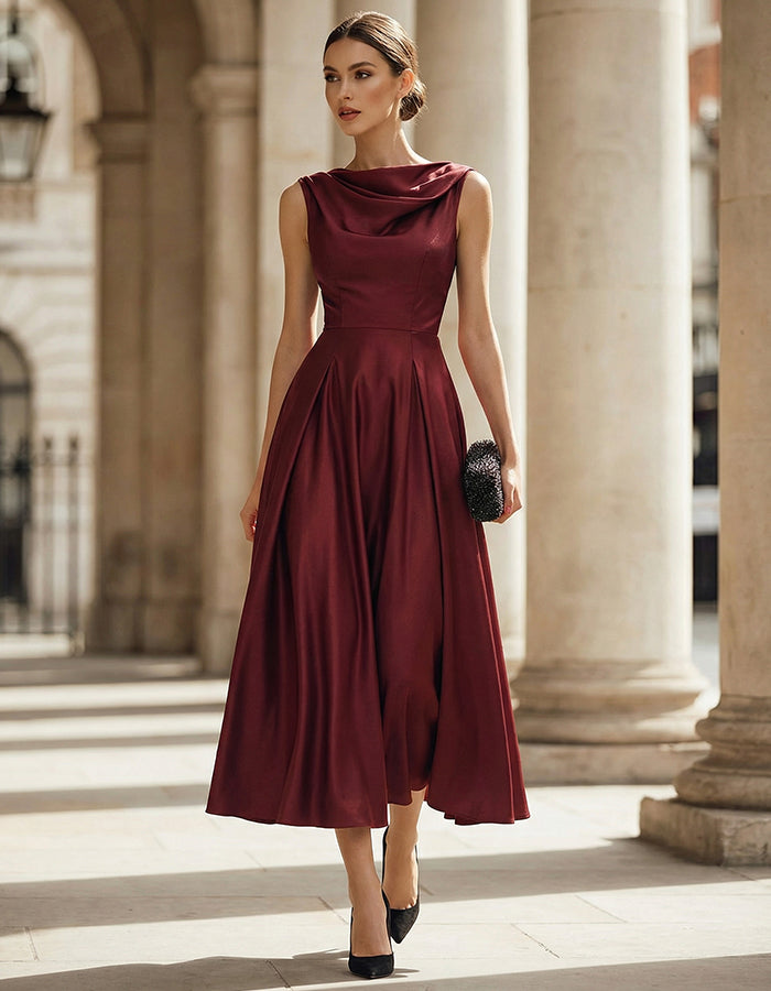 Abito midi bordeaux in raso opaco con scollo all'americana
