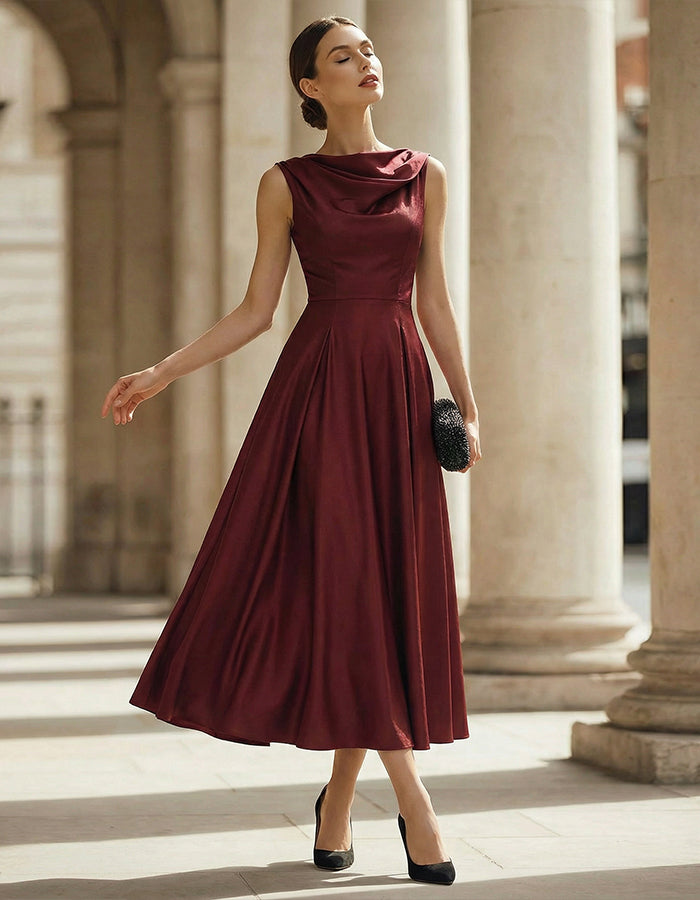 Abito midi bordeaux in raso opaco con scollo all'americana