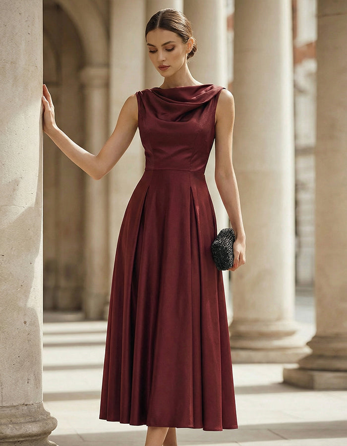 Abito midi bordeaux in raso opaco con scollo all'americana