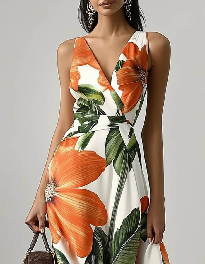 Tropisches Blumenmuster ärmelloses Maxikleid