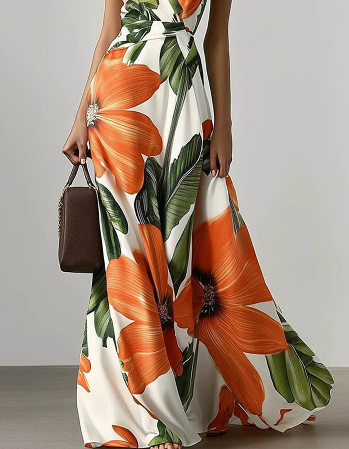 Tropisches Blumenmuster ärmelloses Maxikleid