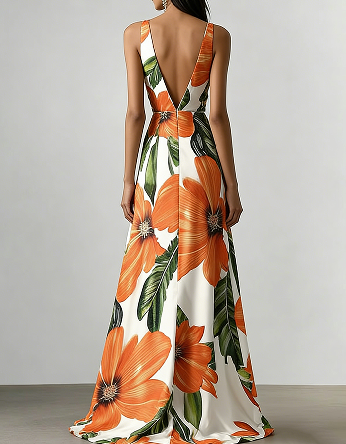 Tropisches Blumenmuster ärmelloses Maxikleid