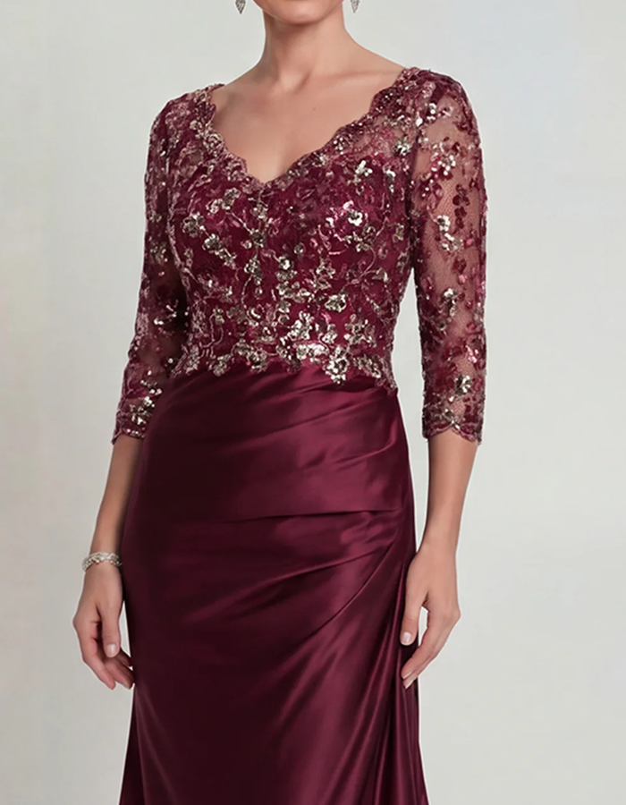 V-Neck Sequined Lace Satin Mermaid Maxi Dress