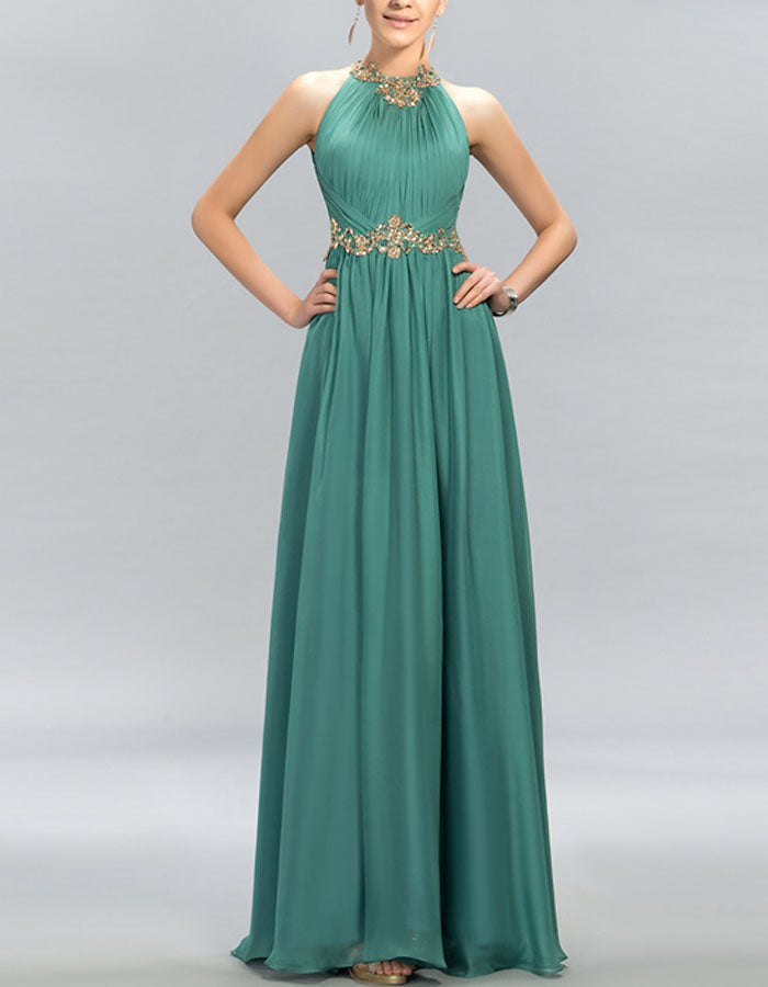 Robe longue émeraude en mousseline plissée