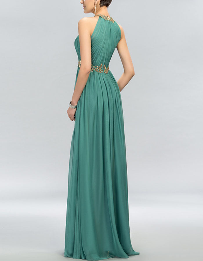 Robe longue émeraude en mousseline plissée