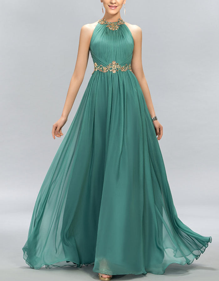 Vestido maxi verde esmeralda de chiffon plissado