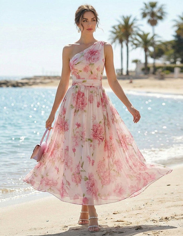 Rochie maxi roz cu imprimeu bujor, umerii goi și croială strâmtă din șifon