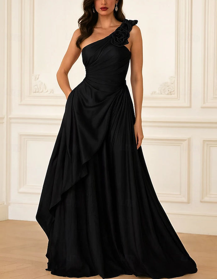 Vestido maxi de raso color liso, hombros descubiertos, detalles florales 3D y cintura fruncida
