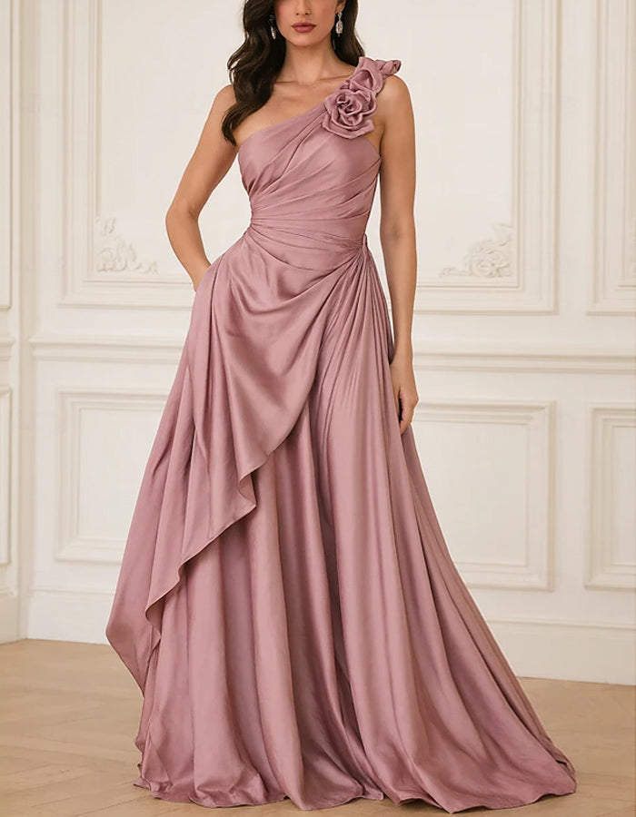 Vestido maxi de raso color liso, hombros descubiertos, detalles florales 3D y cintura fruncida