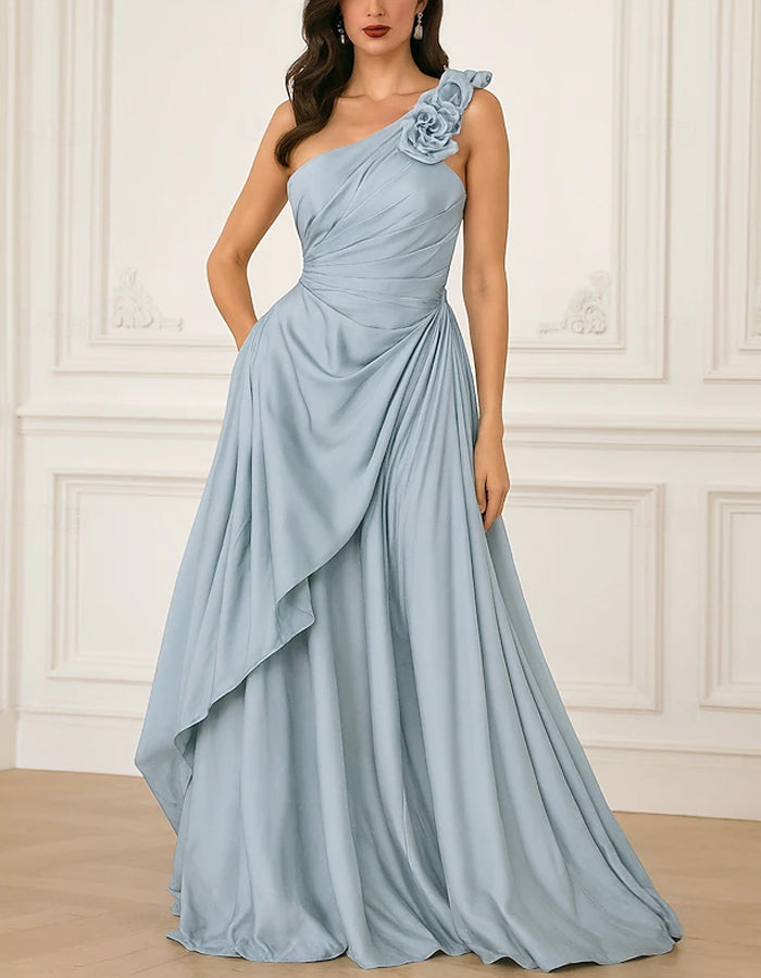 Vestido maxi de raso color liso, hombros descubiertos, detalles florales 3D y cintura fruncida