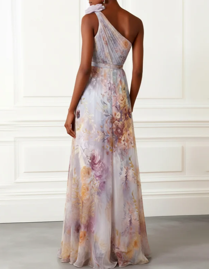 Abito lungo in chiffon con spalla scoperta e stampa floreale acquerellata pastello