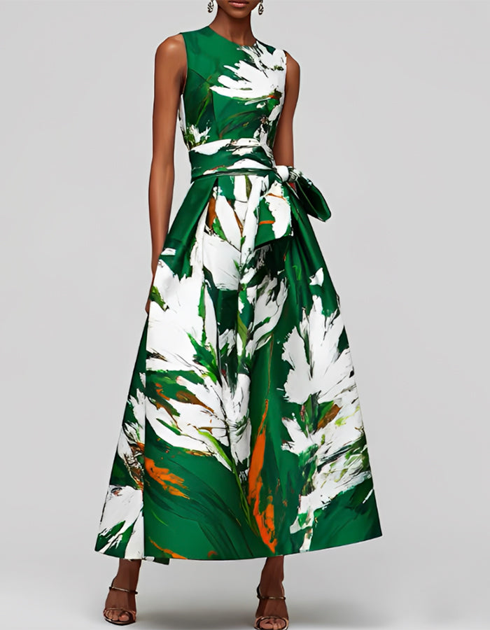 Vestido Maxi Verde Escuro com Estampa Floral Artística, Sem Mangas, Cintura Ajustada e Saia Evasê  