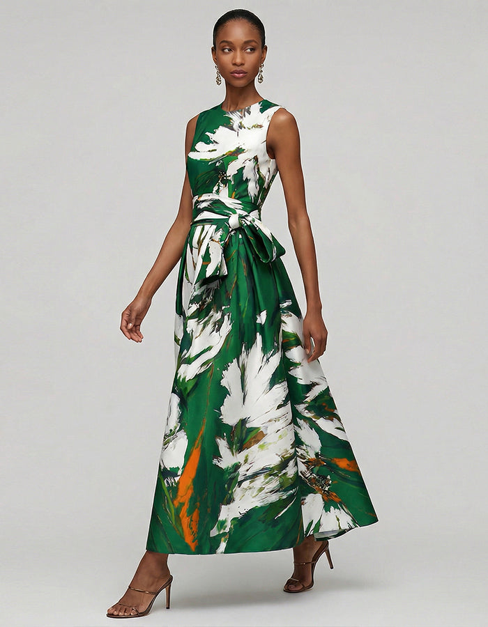 Dunkelgrünes Maxikleid mit künstlerischem Blumenmuster, ärmellos, tailliert und ausgestellt