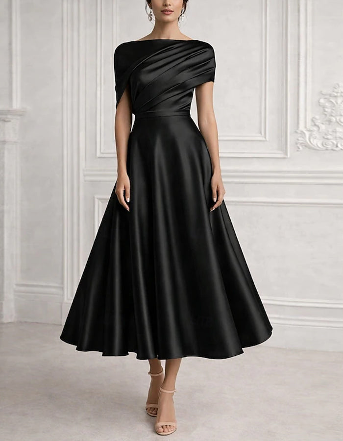 Robe midi en satin unie à taille ajustée et jupe ample