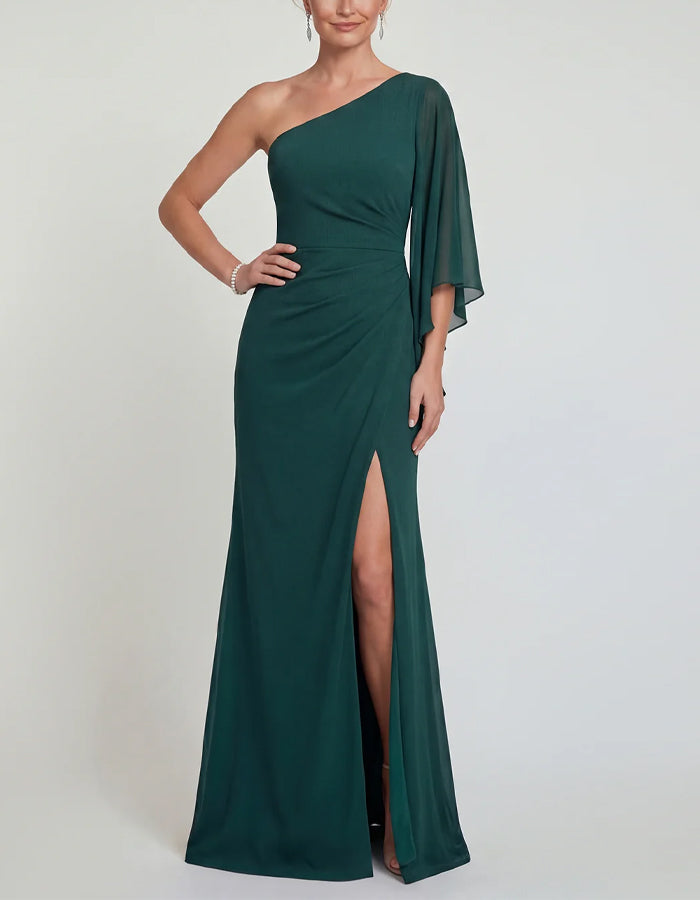 Vestido Maxi Verde Escuro em Chiffon Ombro a Ombro com Mangas Fluídas e Fendas  