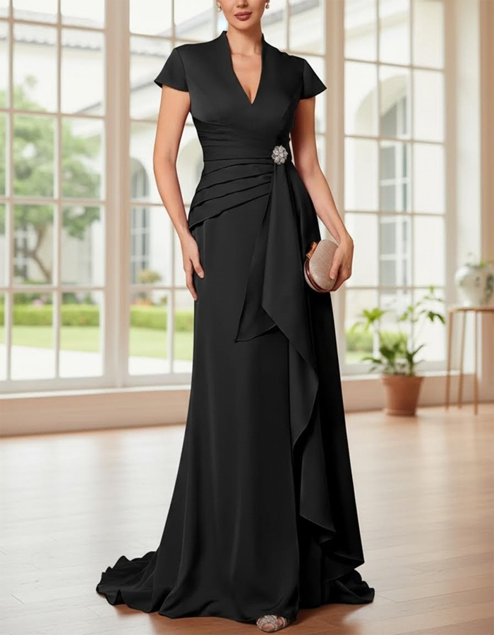 V-Neck Short-Sleeve Satin Maxi Dress