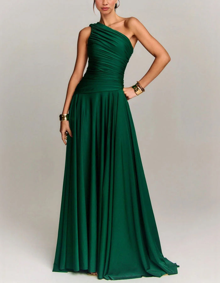 Vestido largo maxi de satén con hombros descubiertos y dobladillo plisado de color liso