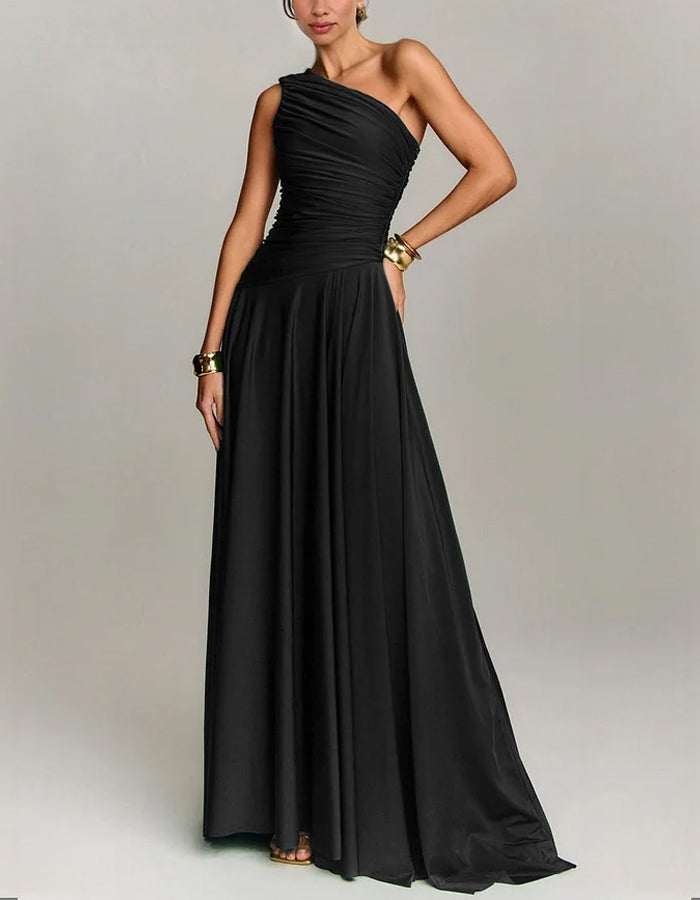 Einfarbiges Satin-Maxikleid mit schulterfreiem, plissiertem Saum