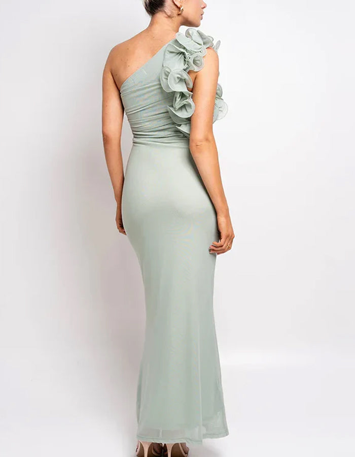 Einfarbiges Maxikleid mit schräger Schulter, 3D-Blumen und Fischschwanz
